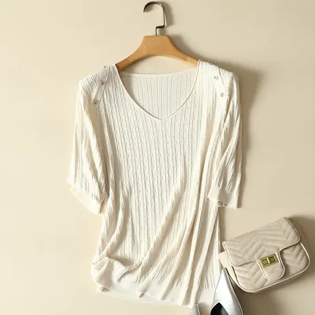 春夏装2024年新款冰丝针织衫女大码宽松V领打底衫纯色短袖t恤女潮商品大图