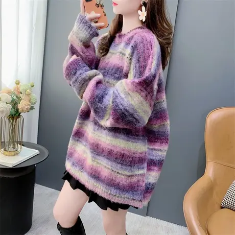 高级感超好看条纹圆领毛衣女秋冬新款宽松慵懒风软糯加厚百搭上衣图片