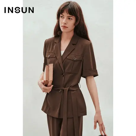 INSUN恩裳专选夏西装领气质双排扣短袖衬衫商品大图