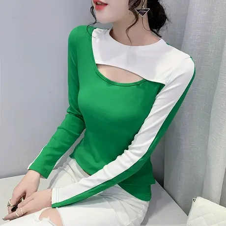 性感镂空拼色T恤女欧货洋气设计感别致上衣春秋长袖修身打底衫图片
