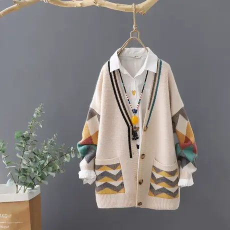 秋冬新款拼色长袖V领针织开衫女慵懒风加厚外套毛衣宽松上衣女装图片