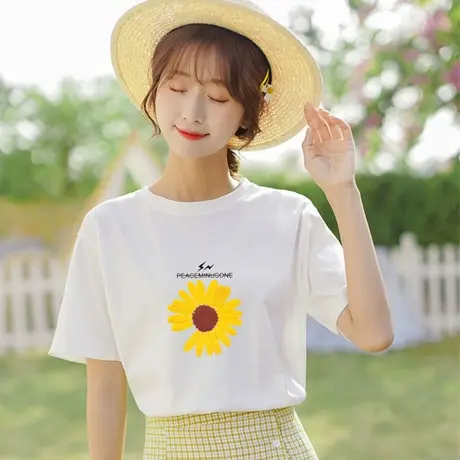 纯棉短袖t恤女2024夏季新款宽松半袖圆领学生体恤小雏菊上衣ins潮商品大图