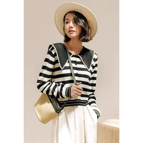 【含绵羊毛】弥古黑白条纹长袖针织衫女秋季外穿娃娃领设计感上衣商品大图