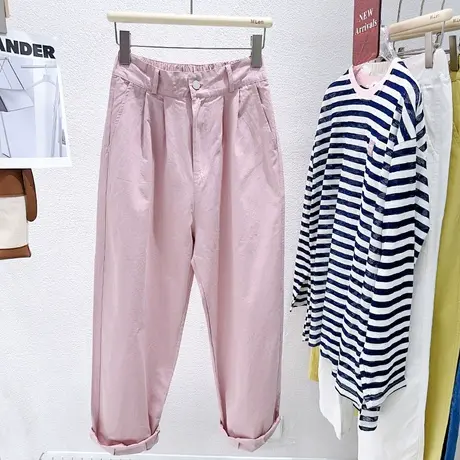 韩国东大门粉色裤子夏季高腰工装阔腿萝卜裤小个子梨形身材显瘦图片