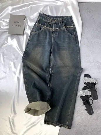 毛边磨白复古加绒牛仔阔腿裤2023秋季新款显瘦百搭高腰宽松老爹裤商品大图