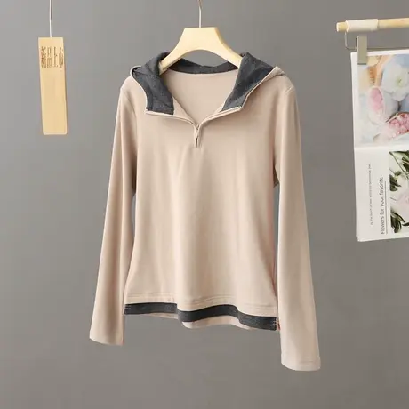 休闲连帽上衣女2024新款爆款秋季百搭设计感小众T恤打底衫小个子图片