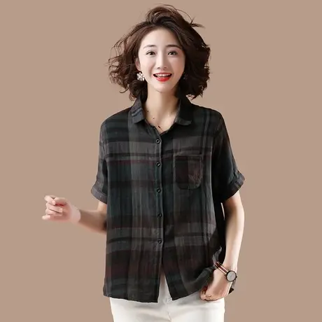 中年妈妈纯棉短袖衬衫夏季加肥加大码女装格子衬衣宽松显瘦女上衣图片