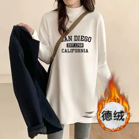 德绒半高领打底衫女冬季内搭白色长袖T恤女中领上衣洋气加厚保暖商品大图