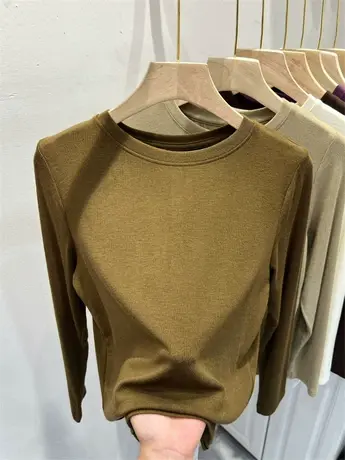 法式圆领长袖弹力软糯针织上衣女2023年早秋新款T恤宽松螺纹体恤商品大图