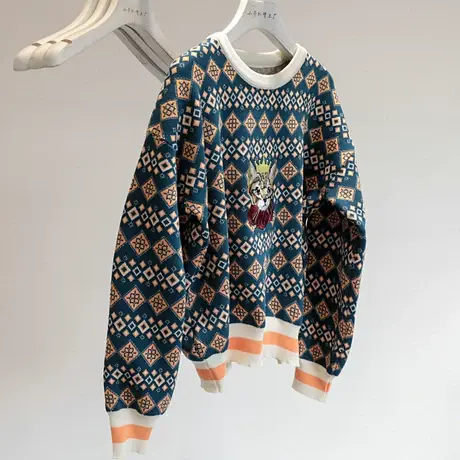 高端客供！复古秋冬刺绣针织上衣圆领套头宽松提花皇冠猫咪毛衣女商品大图