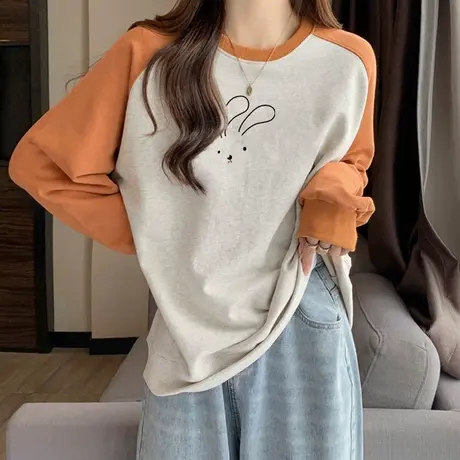 ina超火无帽圆领卫衣女秋冬宽松韩版拼接撞色加绒加厚插肩袖上衣商品大图