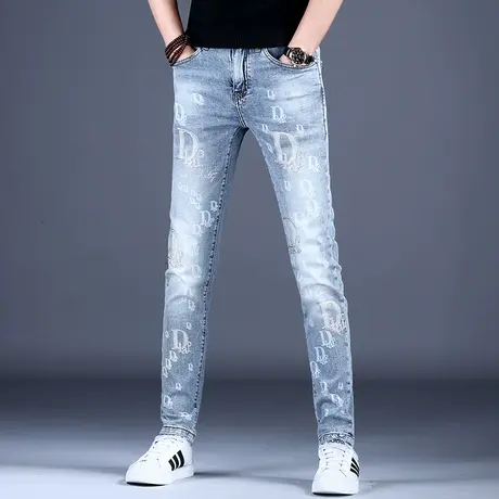 欧洲站轻奢潮牌烫钻牛仔裤男款修身小脚裤子2023新款休闲弹力秋冬商品大图
