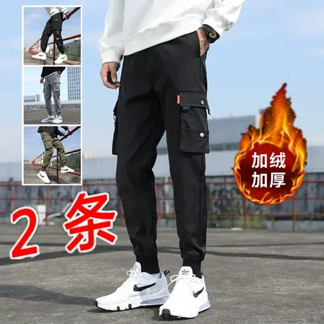 秋冬暗黑工装裤男机能潮牌加绒飘带韩版潮流帅气伞兵休闲束脚裤子商品大图