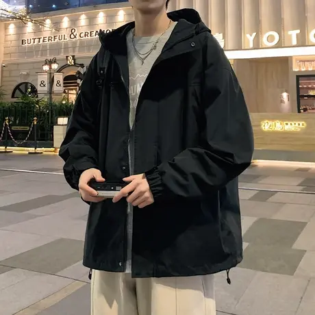 冲锋衣外套男潮流痞帅连帽高街设计感小众美潮复古春秋款纯色夹克商品大图