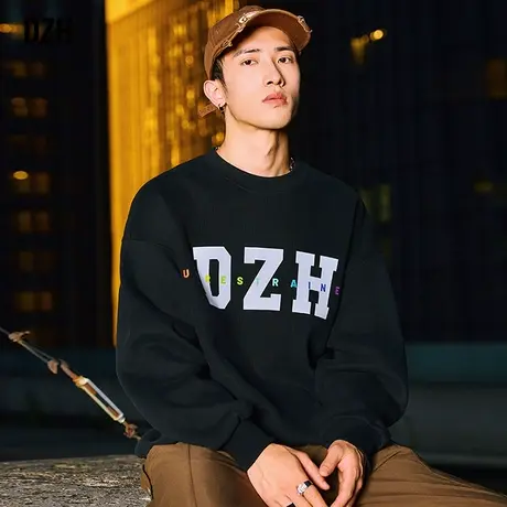 DZH男生美式卫衣男圆领秋季长袖黑色上衣休闲男装2023新款体恤衫商品大图