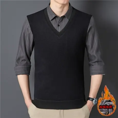 轻商务潮流加绒假两件衬衫男秋冬季修身休闲针织衫上衣保暖毛线衫图片