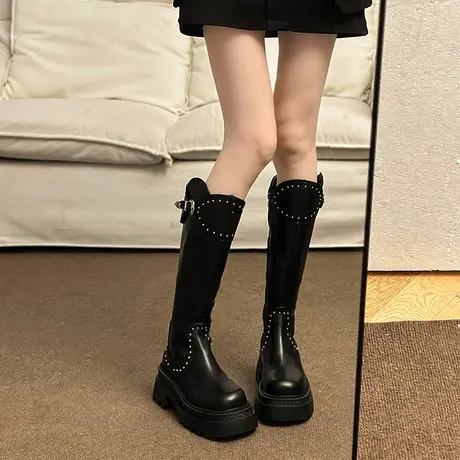 靴子女2023新款秋冬季2023厚底骑士靴高级感百搭时尚不过膝长筒靴商品大图