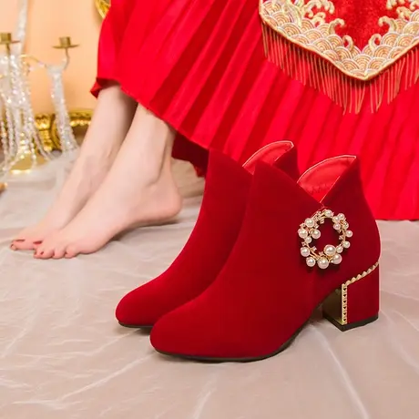 秋冬婚鞋女2024新款粗跟加绒婚礼绝美新娘秀禾婚纱两穿红高跟短靴图片
