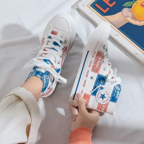 高帮帆布鞋女2021夏季新款韩版ulzzang百搭学生休闲网红涂鸦布鞋商品大图