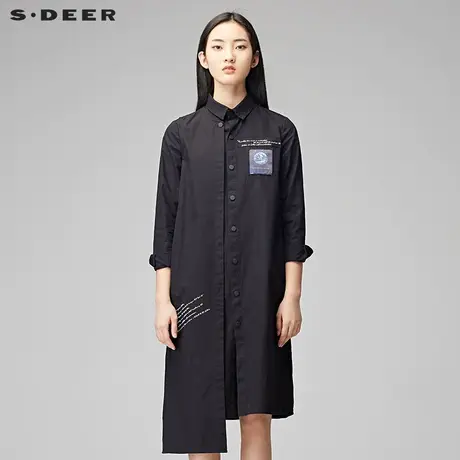sdeer圣迪奥2018冬装休闲酷帅搭片设计贴布字母长袖衬衫S17480506图片