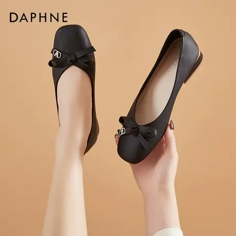 达芙妮粗跟软皮奶奶鞋女平底2021新款低跟浅口单鞋女圆头蝴蝶结商品大图
