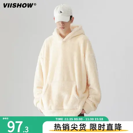 VIISHOW美式复古纯色连帽加绒加厚卫衣男秋冬宽松慵懒风高街外套商品大图