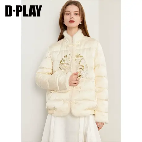 DPLAY新中式国风羽绒服米白色国风盘扣拼接水貂毛羽绒服保暖外套图片