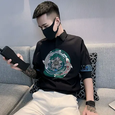 夏季男士短袖衬衫上衣长袖修身七分袖中袖潮流ins发型师休闲衬衣图片