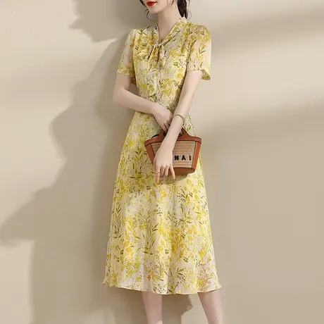 水墨青华飘带领裙子新款夏季时尚印花大摆裙显瘦短袖连衣裙图片