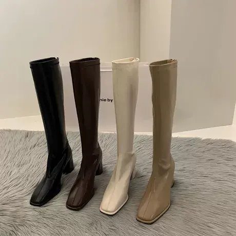 高跟小众骑士长筒靴女鞋2023年新款春秋冬季显瘦瘦棕色长筒靴子女图片