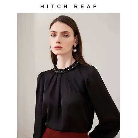 希区瑞普原创设计钉珠珍珠领衬衫上衣黑色显瘦法式经典手工订制女图片