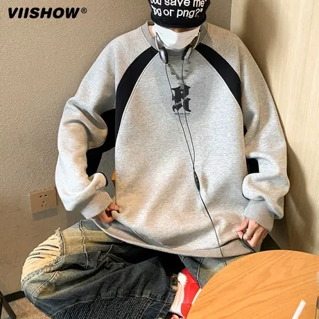 VIISHOW卫衣男春季新款重磅潮牌百搭撞色拼接宽松休闲无帽外套商品大图