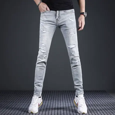 高端破洞牛仔裤男款修身小脚2024新款春夏季浅色弹力男士裤子潮牌商品大图