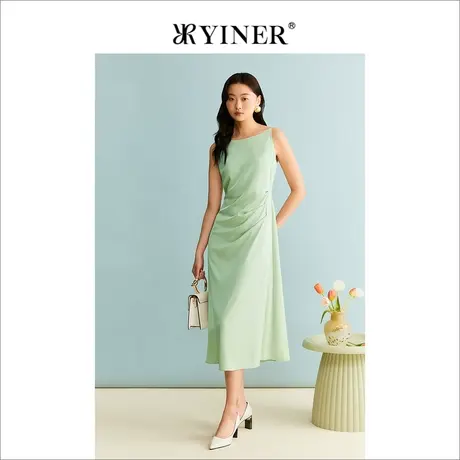 【醋酸系列】YINER音儿女装秋季垂感收褶吊带连衣裙商品大图