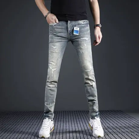 美式高街复古牛仔裤2024新款男修身小脚破洞补丁泼墨潮流男士裤子商品大图