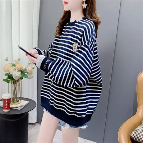 圆领条纹假两件长袖卫衣女春季2023年新款宽松慵懒风刺绣休闲上衣图片