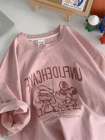 美式复古粉色正肩减龄卡通字母印花短袖t恤女冷淡系独特别致上衣图片