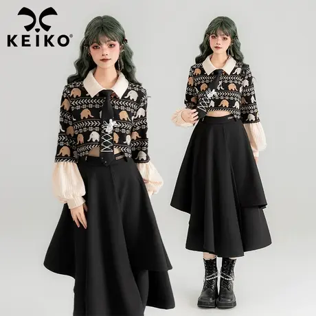 KEIKO 日系复古提花短款卫衣2024春季设计感撞色泡泡袖polo领上衣商品大图