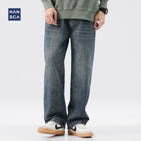hansca牛仔裤男直筒秋冬美式潮牌高街做旧水洗百搭宽松阔腿长裤子商品大图