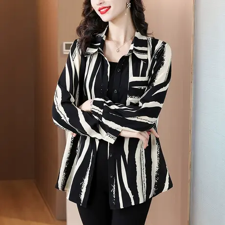 2024新款春装衬衫女气质减龄洋气大码女上衣宽松遮肚子条纹衬衣女商品大图