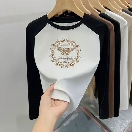 早春设计感正肩t恤女长袖圆领小个子短款清新甜美上衣打底衫叠穿商品大图