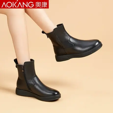 奥康女棉靴冬季新款休闲高帮加绒加厚平底雪地靴女冬季真皮马丁靴商品大图