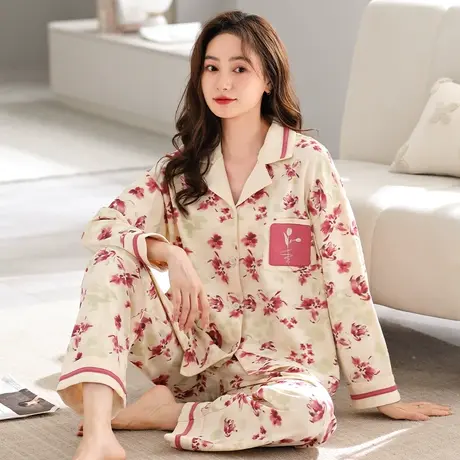 婷美新款睡衣女春秋款纯棉长袖长裤翻领休闲外出家居服套装秋冬天商品大图