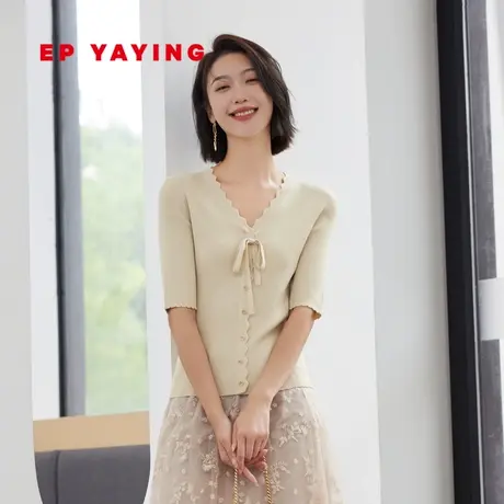 EP雅莹女装 醋酸花边领蝴蝶结系带短袖针织衫 秋装商场同款9903A商品大图
