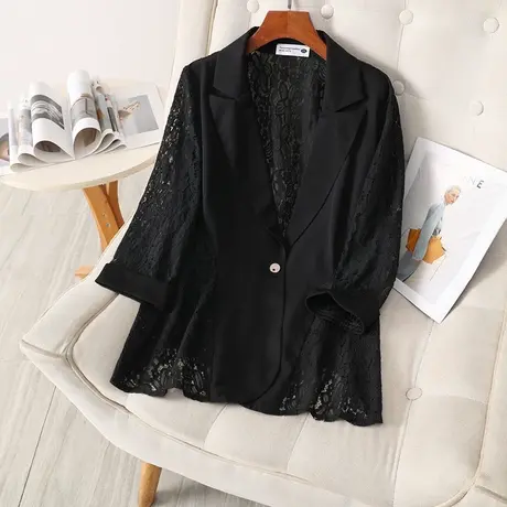 伊自尚2023年新款女装大码胖mm韩版夏季气质拼接蕾丝西装宽松上衣商品大图