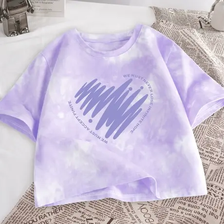 正肩短款小个子短袖t恤女夏季扎染纯棉夏款半袖2023新款紫色上衣商品大图