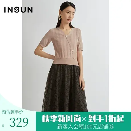 恩裳夏季时尚斜门襟舒适针织拼接梭织网纱连衣裙图片