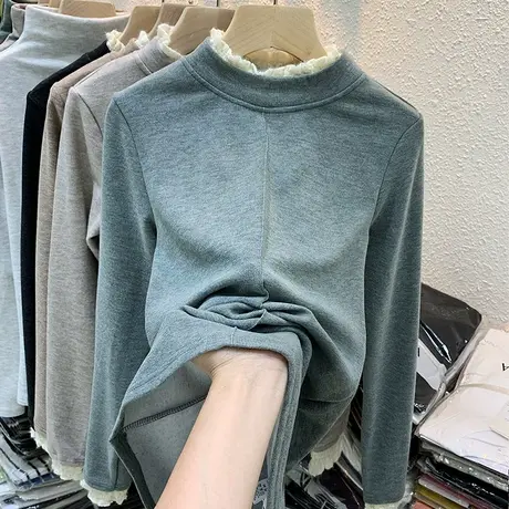 加绒加厚打底衫女秋冬气质木耳边半高领长袖T恤内搭保暖修身上衣商品大图