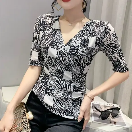 气质女装2023新款性感V领打底衫中袖时尚网纱印花T恤漂亮百搭上衣商品大图