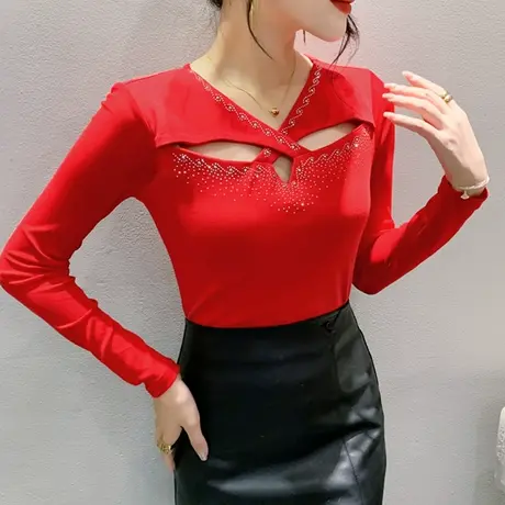 2023秋季新款性感V领长袖T恤女内搭洋气打底衫重工烫钻镂空上衣潮商品大图